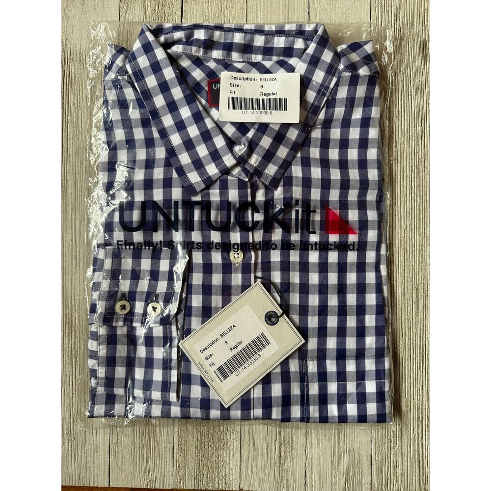 WOMEN'S UNTUCK IT LONG SLEEVE BLUE GINGAM CHECKED BLOUSE SIZE 8 NEW WITH TAGS